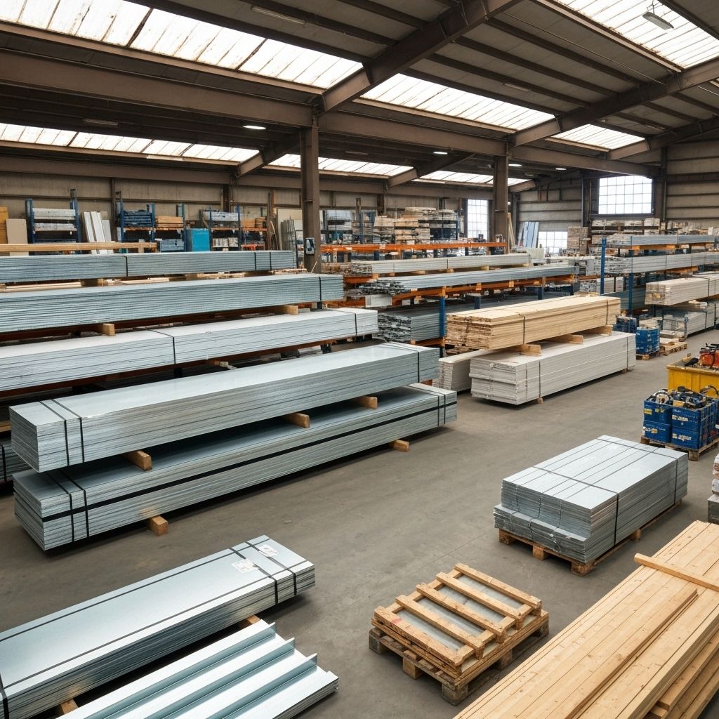 Almacén de materiales de construcción Constru Bogotá con láminas galvanizadas y perfiles estructurales